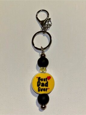 ‘Best Dad Ever’ Yellow Charm w/Red Heart & Yellow Faceted Accent Beaded Keychain